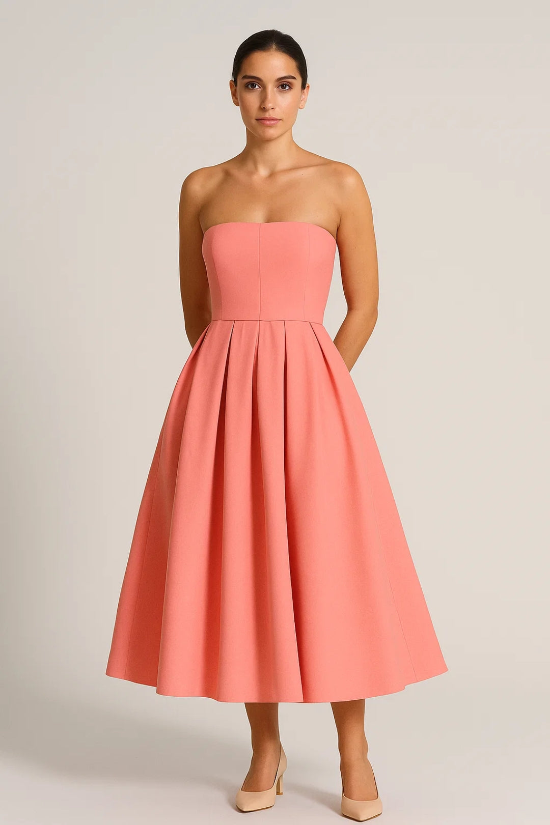 Strapless Midi Jurk Dames met Wijde Rok Elegant Zomer