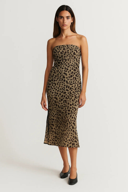 Dames Midi Jurk Strapless Dierenprint Zomerjurk - StudioMarella