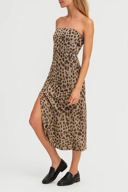 Dames Midi Jurk Strapless Dierenprint Zomerjurk