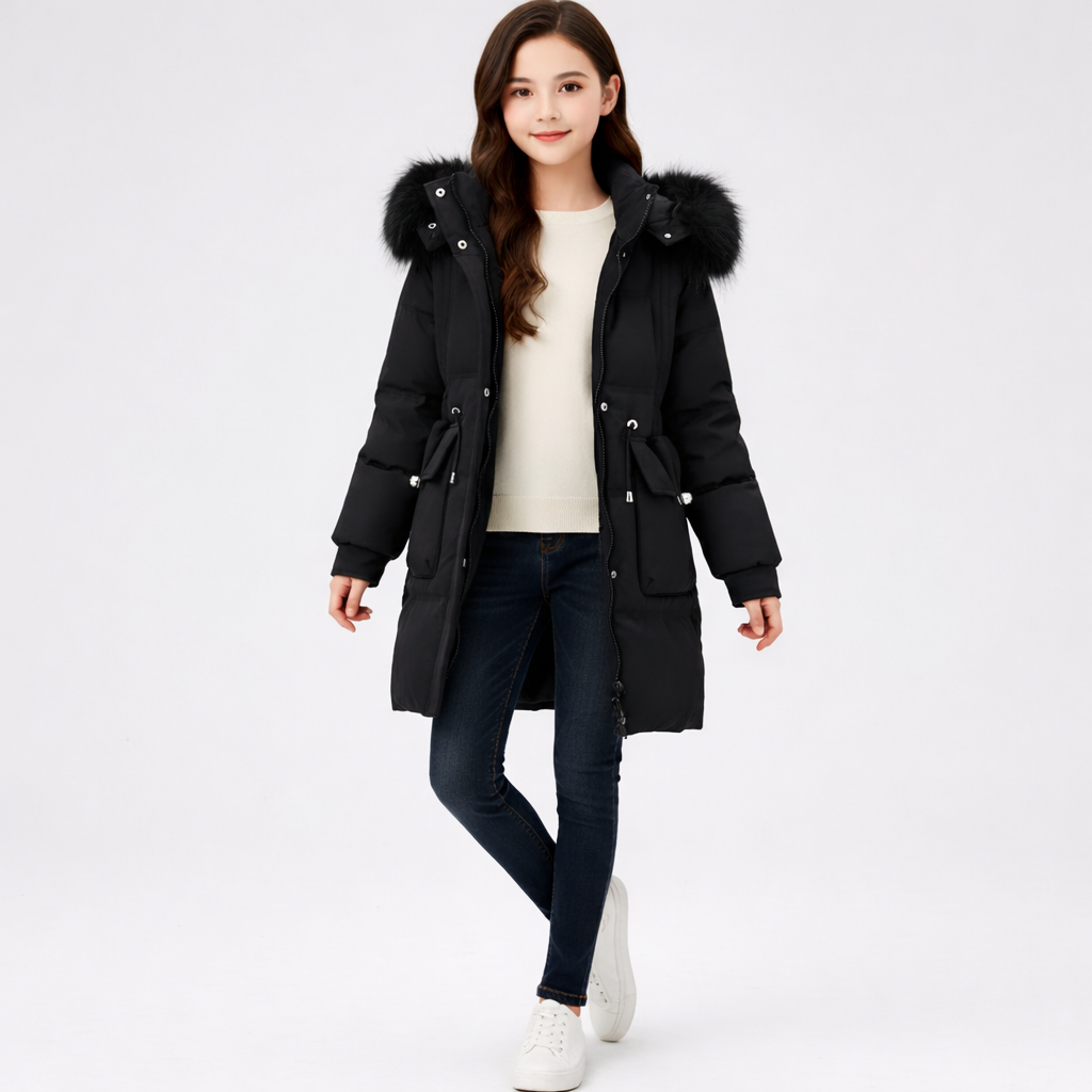 Winterjas Kinderen Katoen Polyester Zwart Meisjes Capuchon Warme Jas Winterjas Meisjes Lange Jas Met Bontkraag Dagelijks Gebruik