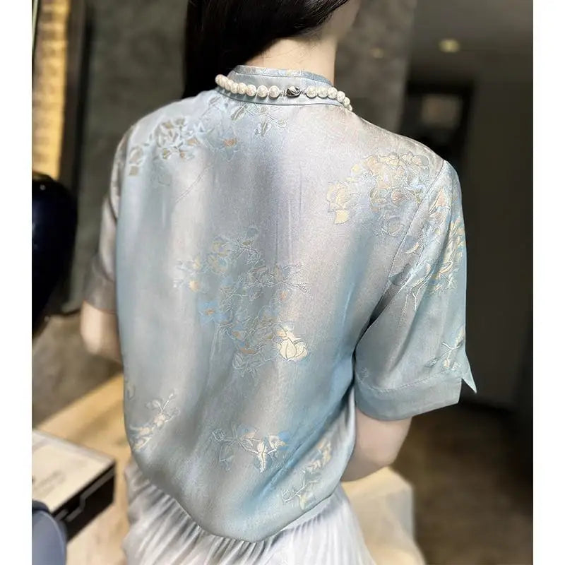 Chiffon Blouse Chinese Stijl Lotus Print Vrouwelijk