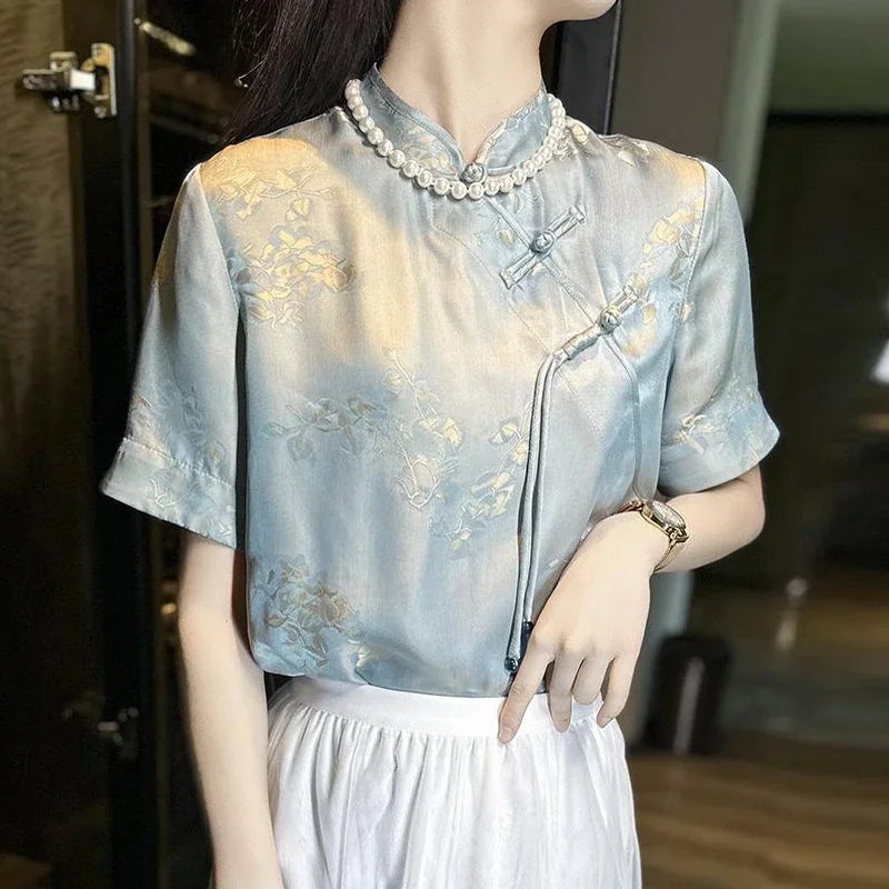 Chiffon Blouse Chinese Stijl Lotus Print Vrouwelijk