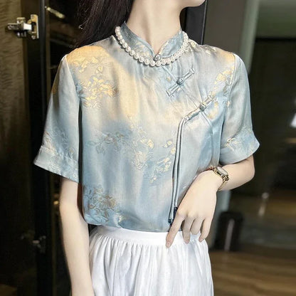Chiffon Blouse Chinese Stijl Lotus Print Vrouwelijk