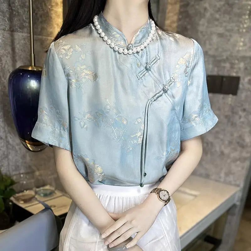 Chiffon Blouse Chinese Stijl Lotus Print Vrouwelijk