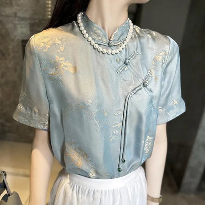 Chiffon Blouse Chinese Stijl Lotus Print Vrouwelijk