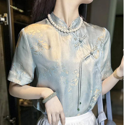 Chiffon Blouse Chinese Stijl Lotus Print Vrouwelijk