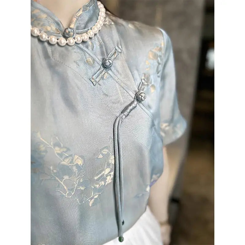 Chiffon Blouse Chinese Stijl Lotus Print Vrouwelijk