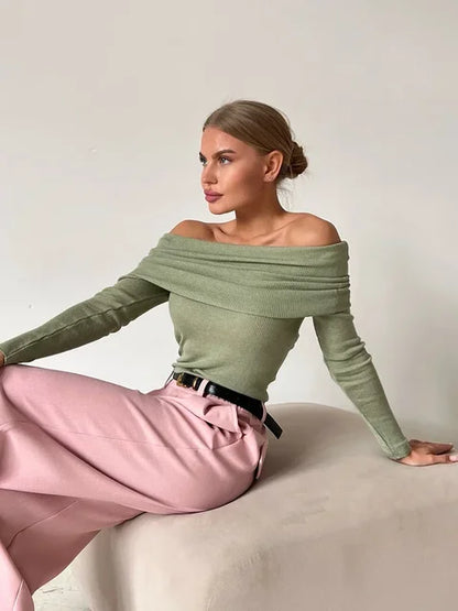 Vrouwelijke Off-Shoulder Top Lange Mouw Elegante Stijl
