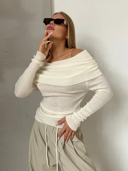 Vrouwelijke Off-Shoulder Top Lange Mouw Elegante Stijl