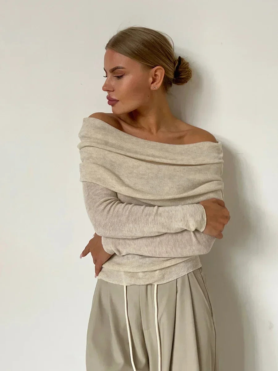 Vrouwelijke Off-Shoulder Top Lange Mouw Elegante Stijl