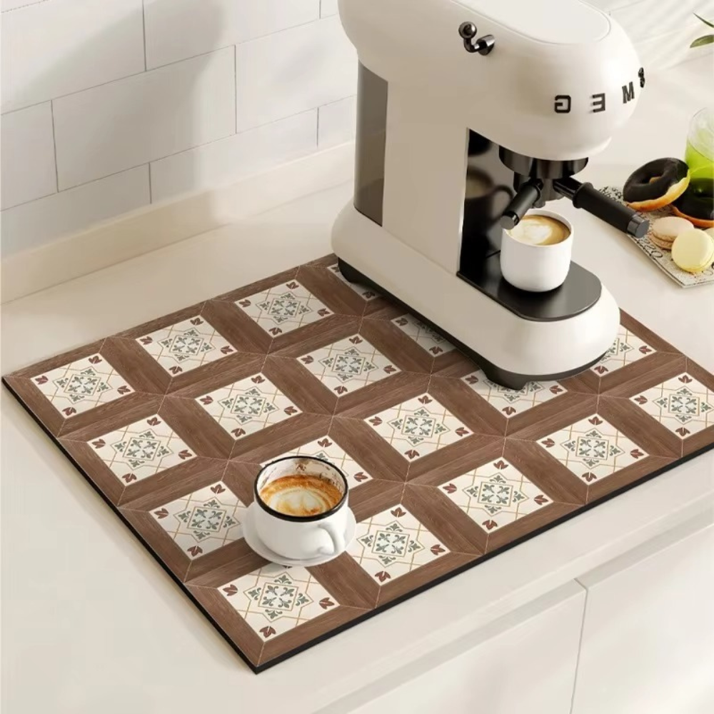 Retro Design Absorberend Koffiemat – Sneldrogend Waterbestendig Rubber – Vintage Tegelmotief Droogmat voor Koffiehoek Aanrecht Vaatdroger