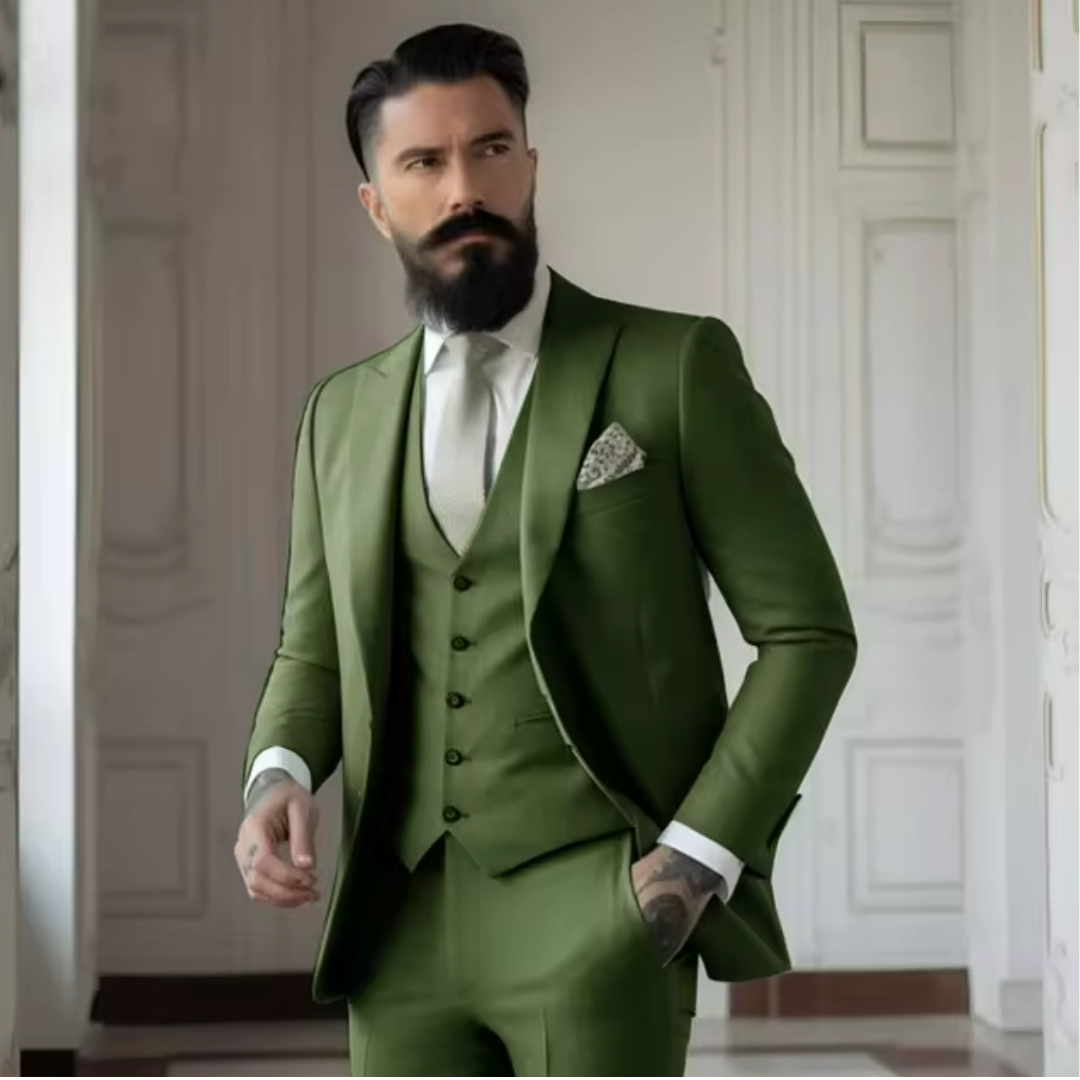 Heren Pak Saliegroen Driedelig Elegant Formaliteit