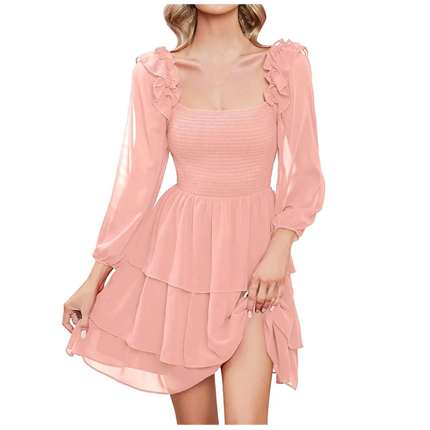 Roze Chiffon Jurk voor Dames met Vierkante Halslijn