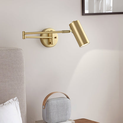 Verstelbare LED Wandlamp van Messing of Zwart Metaal met Draaibare Arm en Cilindrische Spot voor Slaapkamer en Badkamer