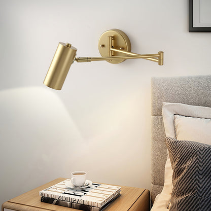 Verstelbare LED Wandlamp van Messing of Zwart Metaal met Draaibare Arm en Cilindrische Spot voor Slaapkamer en Badkamer