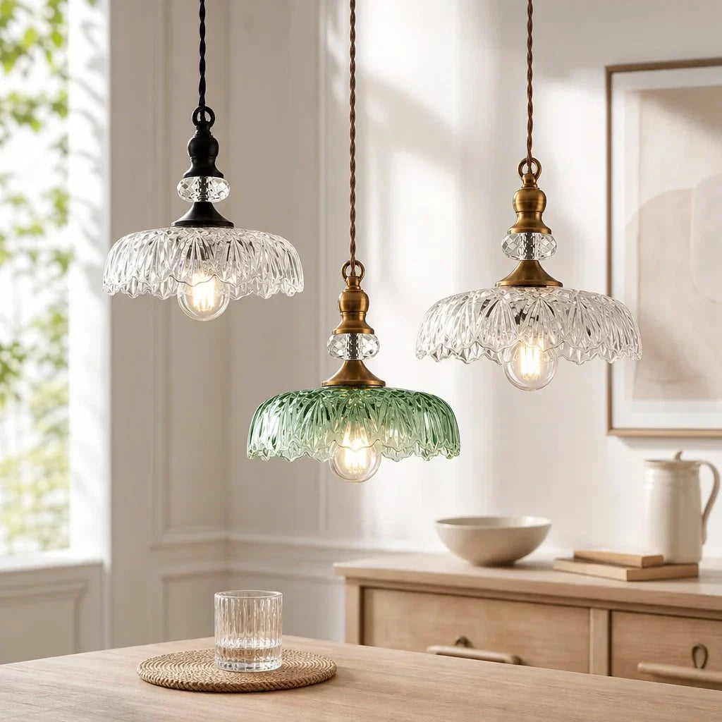 Vintage Hanglamp Glas Messing Bloemmotief Groen Zwart