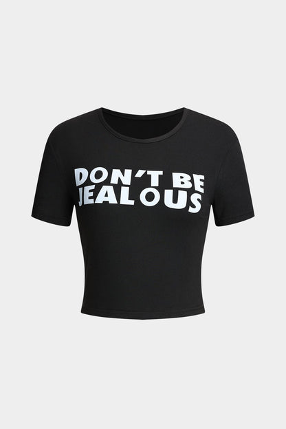 Zwart T-Shirt Korte Mouwen Grappige Tekst Wees Niet Jalours - StudioMarella