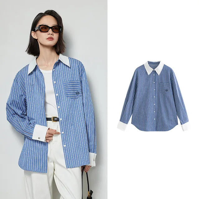 Dames Polo Blouse Gestreept Lange Mouw Losse Fit - StudioMarella
