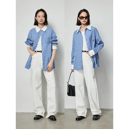 Dames Polo Blouse Gestreept Lange Mouw Losse Fit