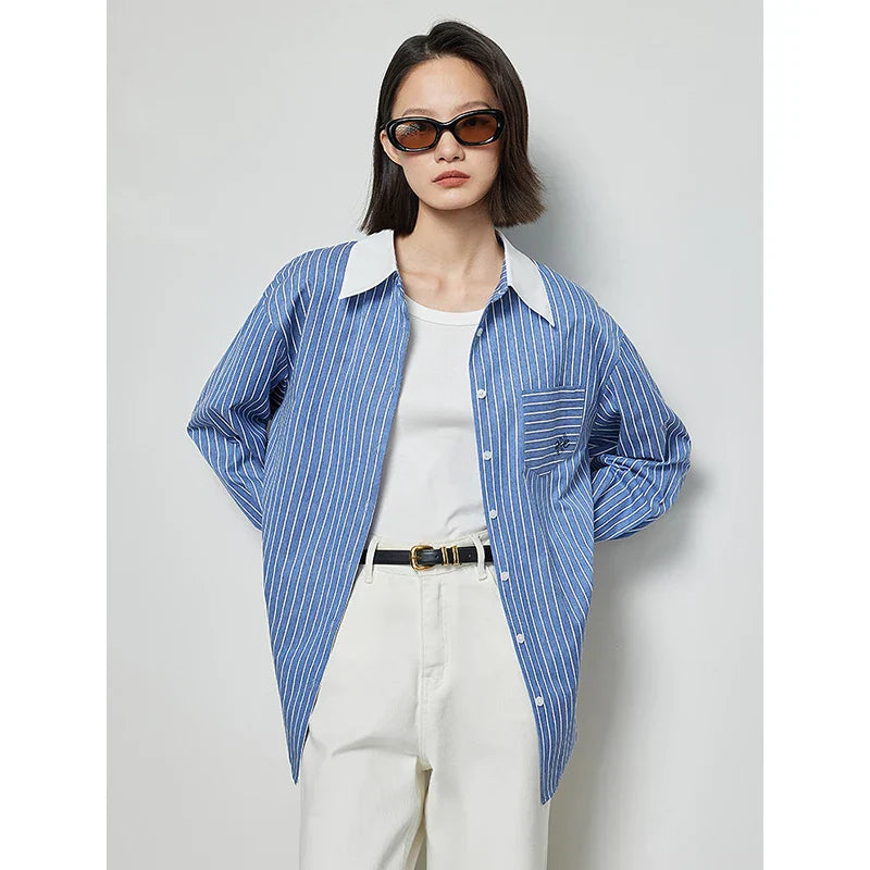 Dames Polo Blouse Gestreept Lange Mouw Losse Fit