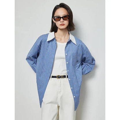 Dames Polo Blouse Gestreept Lange Mouw Losse Fit