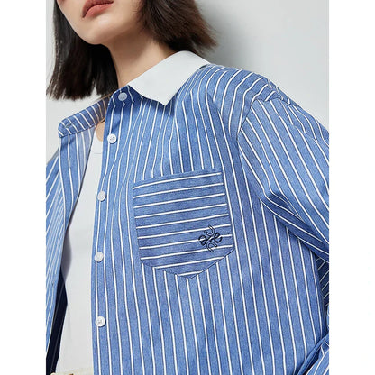 Dames Polo Blouse Gestreept Lange Mouw Losse Fit