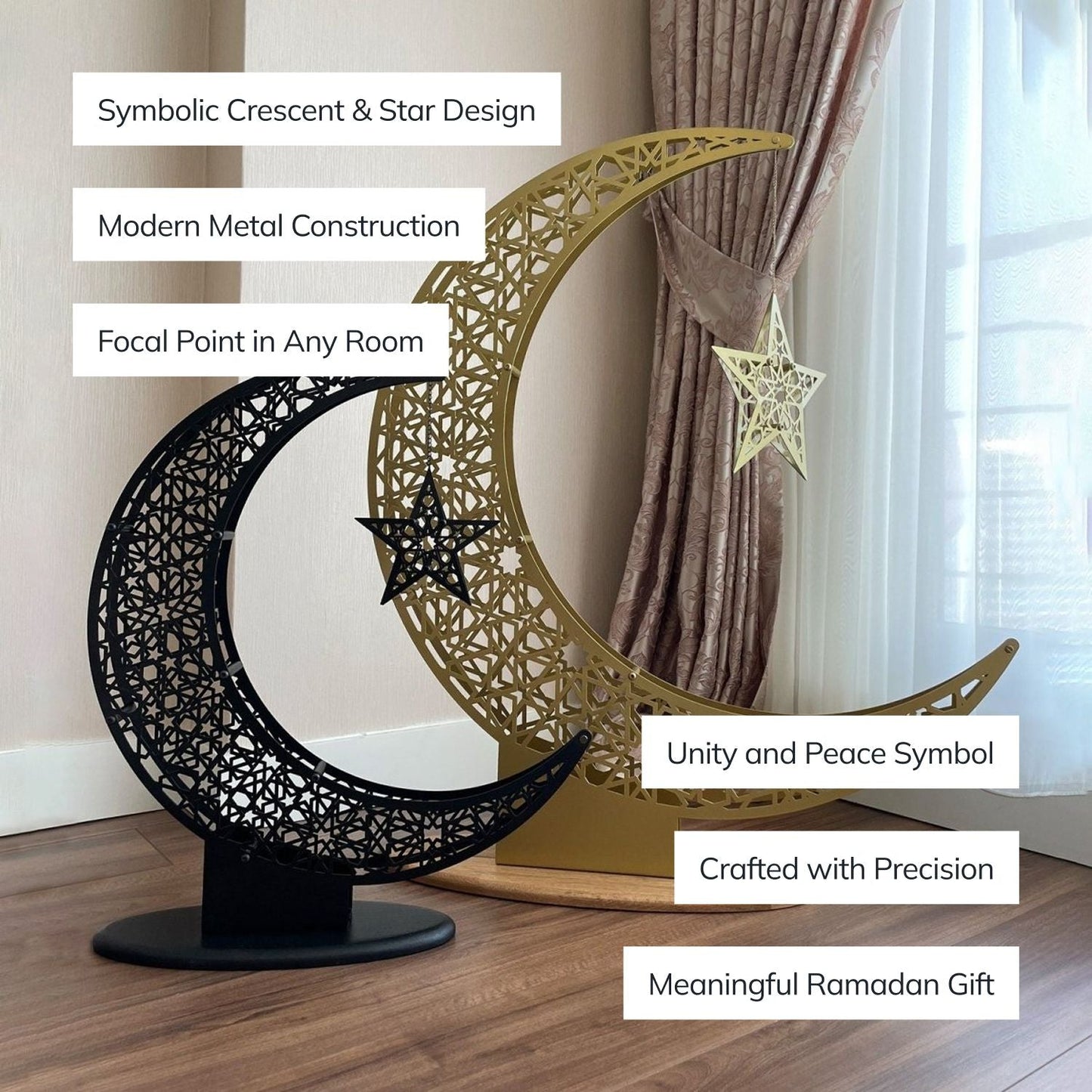 Islamitische Maan & Ster Wanddecoratie — Metalen Ramadan Ornament in Goud of Zwart