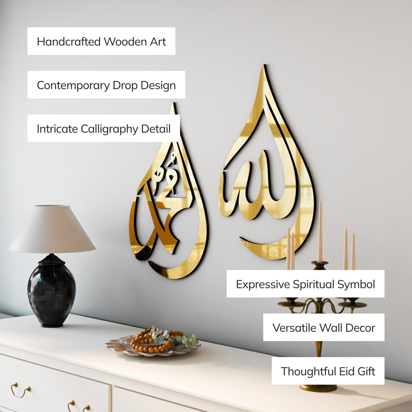 Islamitische Wanddecoratie Allah & Mohammad Druppelvorm Hout
