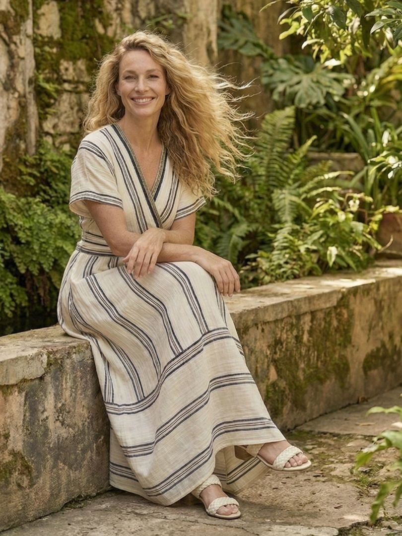 Talia Dames Midi-jurk | 100% Linnen, V-hals, Korte Mouwen 5