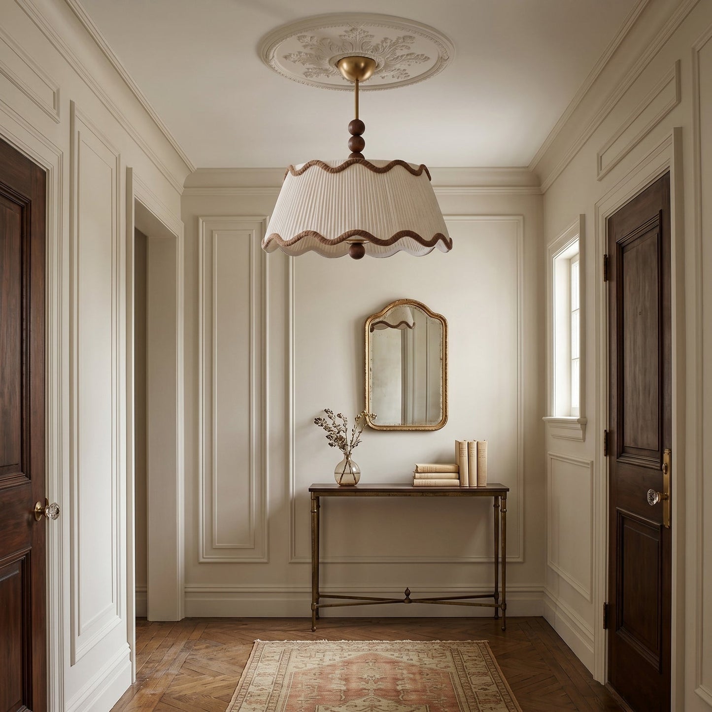 Plafondlamp met Geplooide Kap en Houten Kralen – Vintage Cottage Stijl voor Warm Sfeervol Licht