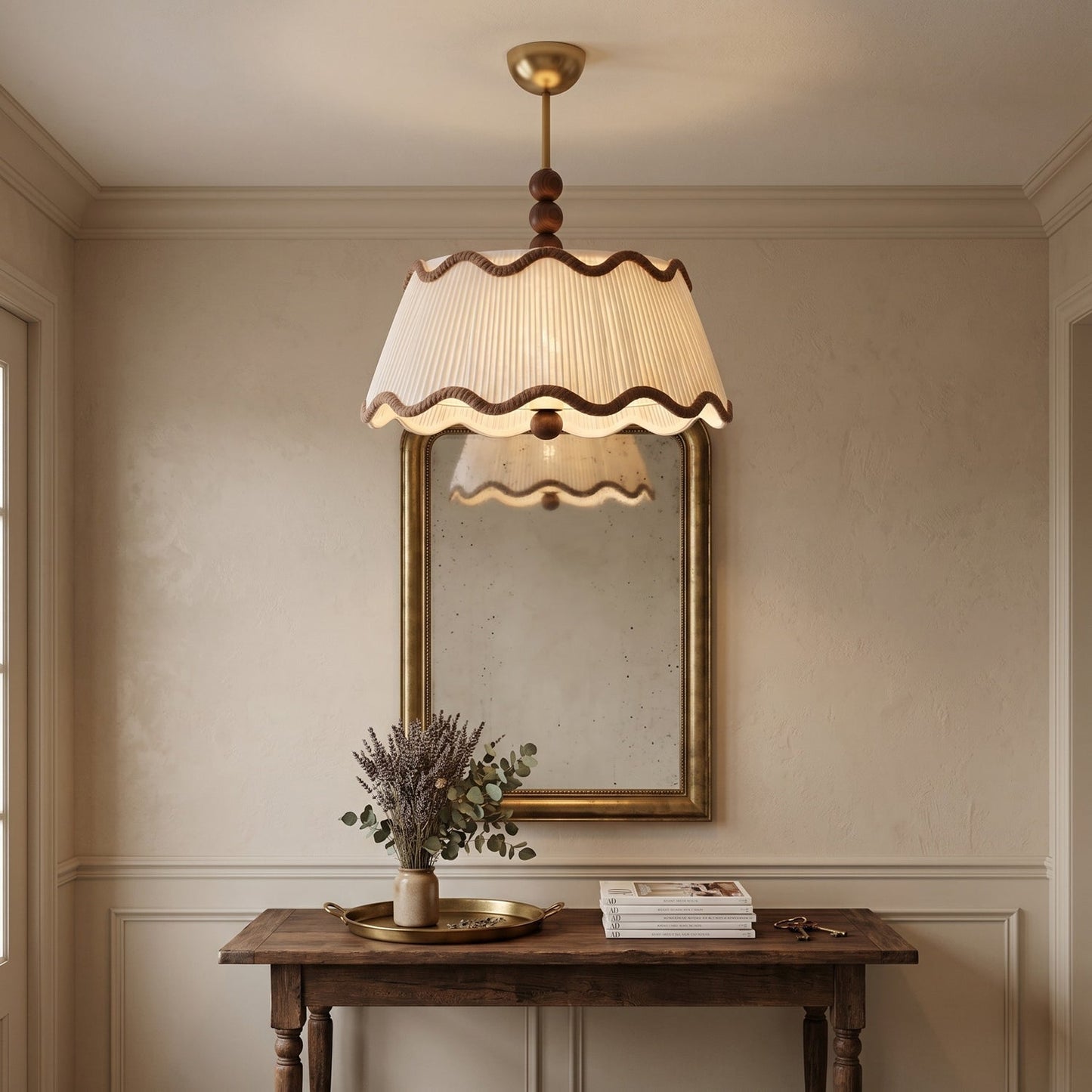 Plafondlamp met Geplooide Kap en Houten Kralen – Vintage Cottage Stijl voor Warm Sfeervol Licht