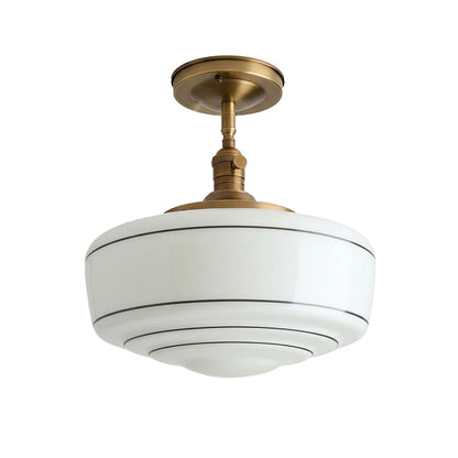 Ronde Plafondlamp met Gestreepte Glazen Kap en Messing Fitting – Scandinavische Flush Mount Verlichting
