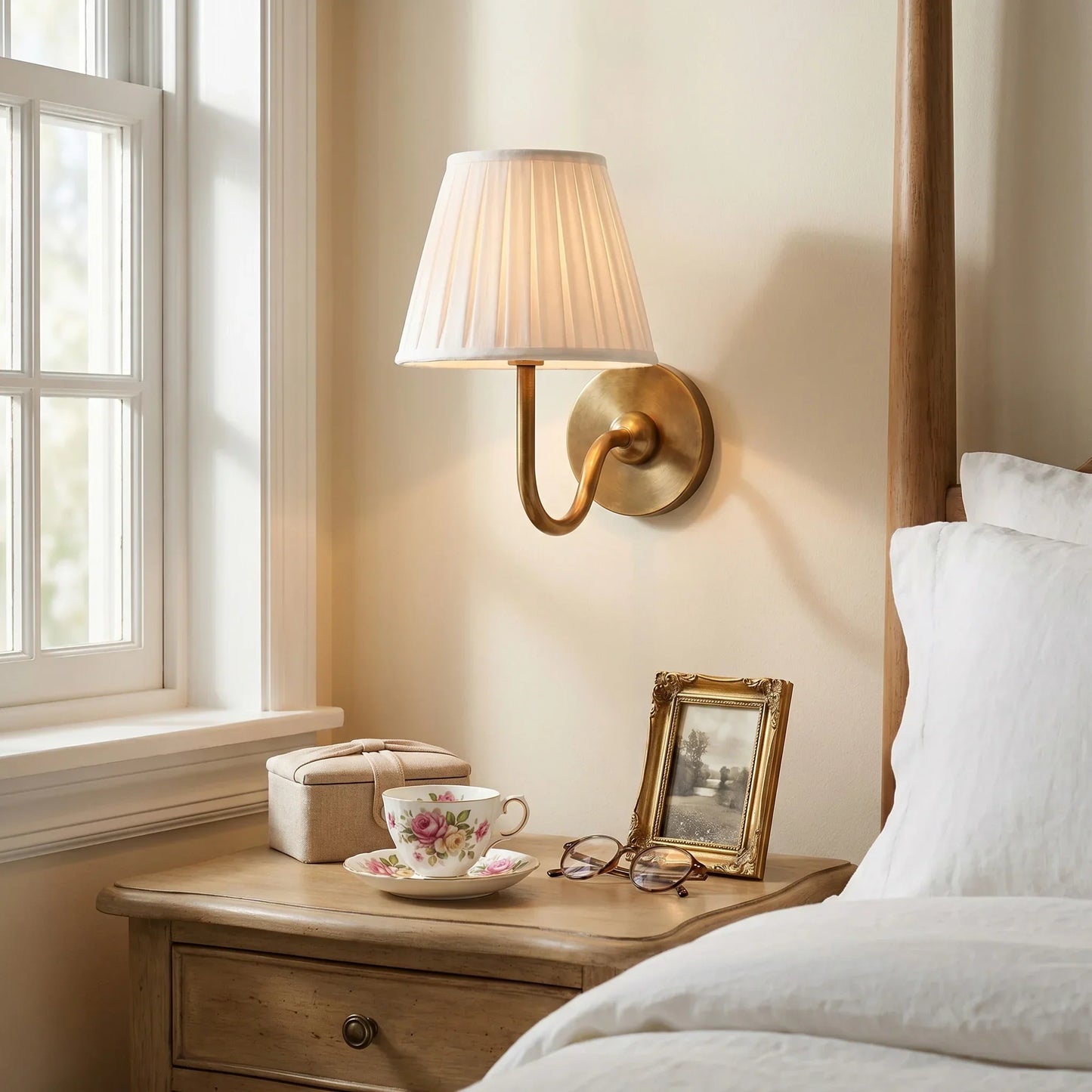 Wandlamp met Plissé Kap – Klassieke Wandverlichting Metaal & Linnen Landelijk Slaapkamer Hal Leeshoek Huis Interieur