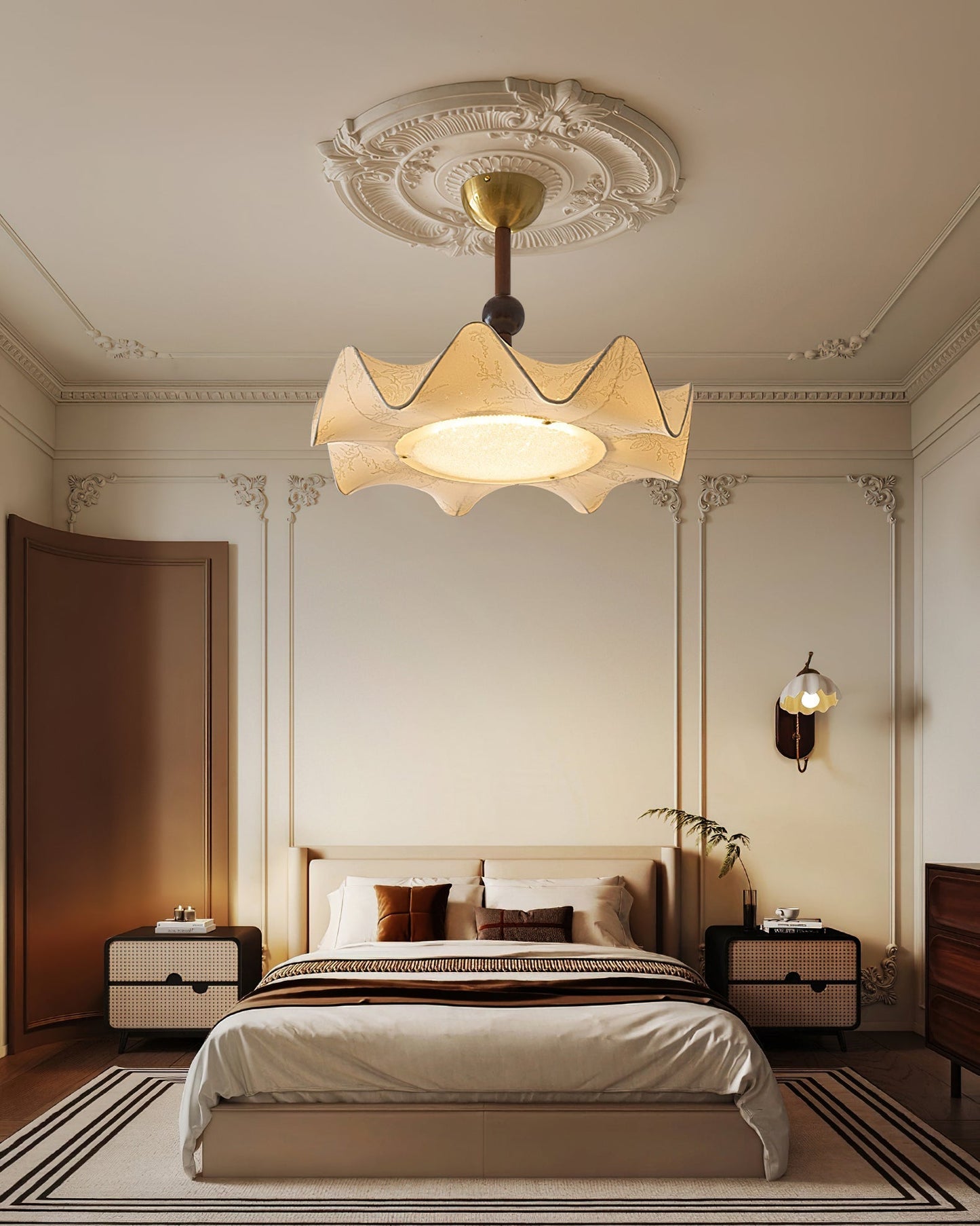 Plafondlamp met Bloemblaadjesontwerp – Walnoot & Goud – Geïntegreerde LED – Ø50cm × H44cm