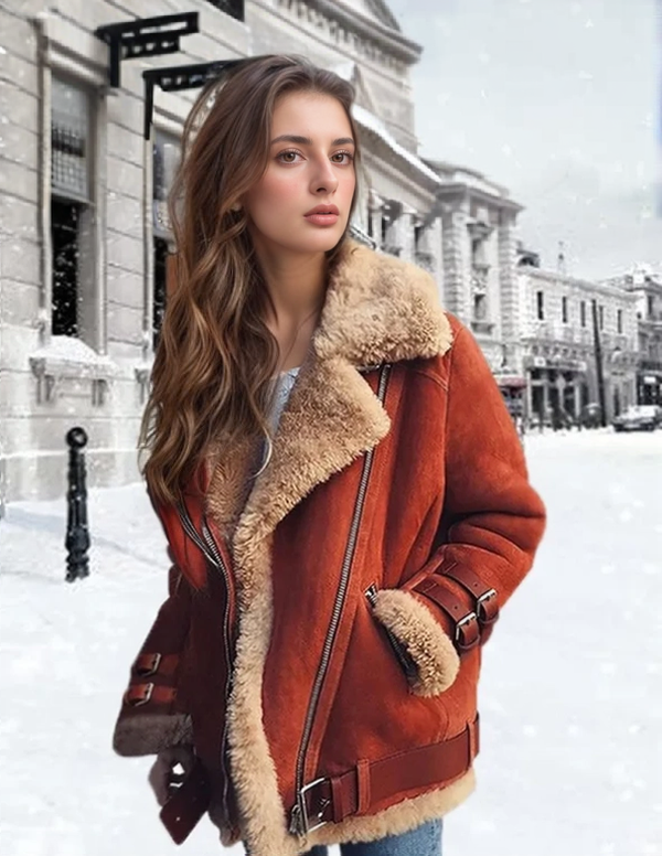 Dames Aviator Jas Warm Imitatiebont met Gespen en Zachte Voering - StudioMarella