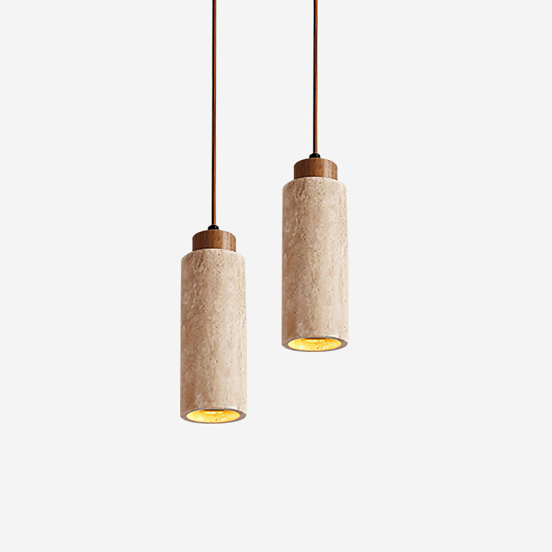 Hanglamp Travertijn Cilinder Hout LED Beige Eettafel Woonkamer Natuurlijke Steen Minimalistisch Design Verlichting Japandi Interieur