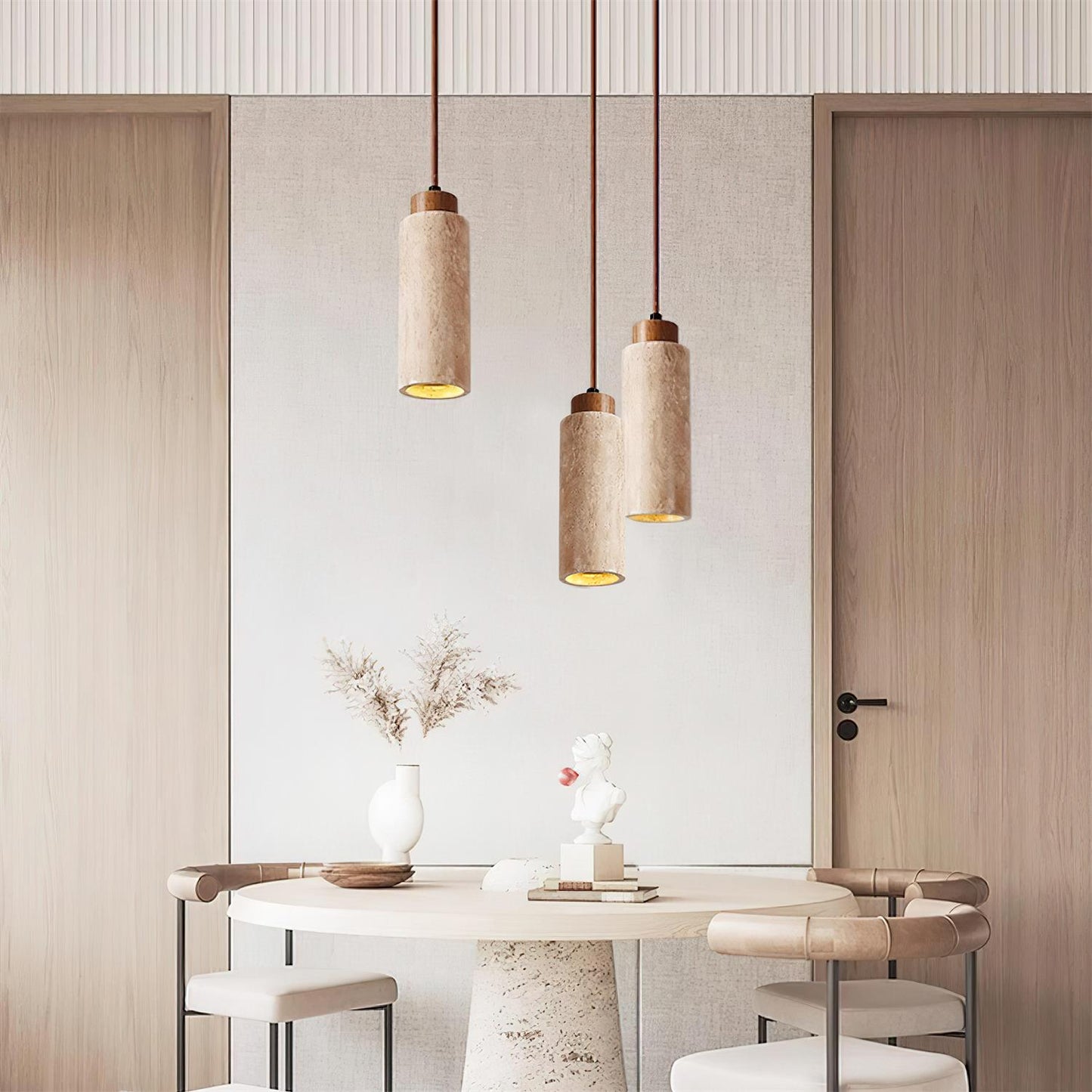 Hanglamp Travertijn Cilinder Hout LED Beige Eettafel Woonkamer Natuurlijke Steen Minimalistisch Design Verlichting Japandi Interieur