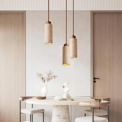 Hanglamp Travertijn Cilinder Hout LED Beige Eettafel Woonkamer Natuurlijke Steen Minimalistisch Design Verlichting Japandi Interieur