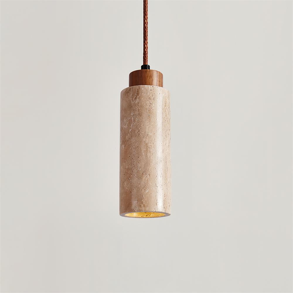 Hanglamp Travertijn Cilinder Hout LED Beige Eettafel Woonkamer Natuurlijke Steen Minimalistisch Design Verlichting Japandi Interieur