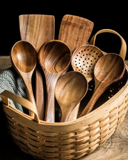 Teakhouten Keukengerei Set | Duurzaam Houten Bestek voor Dagelijks Koken | Zachtvoor Pannen | Elegant Keukenaccessoire | Milieuvriendelijk