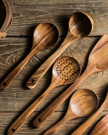 Teakhouten Keukengerei Set | Duurzaam Houten Bestek voor Dagelijks Koken | Zachtvoor Pannen | Elegant Keukenaccessoire | Milieuvriendelijk
