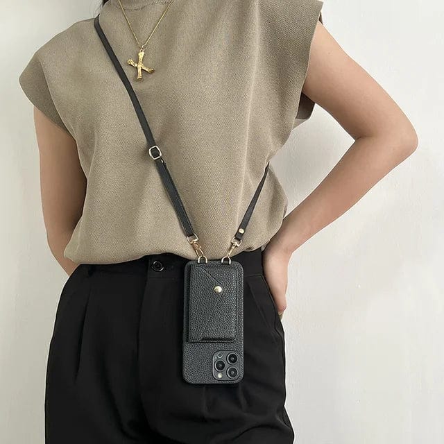 Leren Telefoonhoesje met Ketting en Kaartvak – Stijlvol Crossbody Ontwerp voor iPhone 12 13 14 15 Pro Max Plus