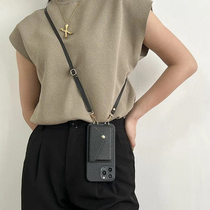 Leren Telefoonhoesje met Ketting en Kaartvak – Stijlvol Crossbody Ontwerp voor iPhone 12 13 14 15 Pro Max Plus