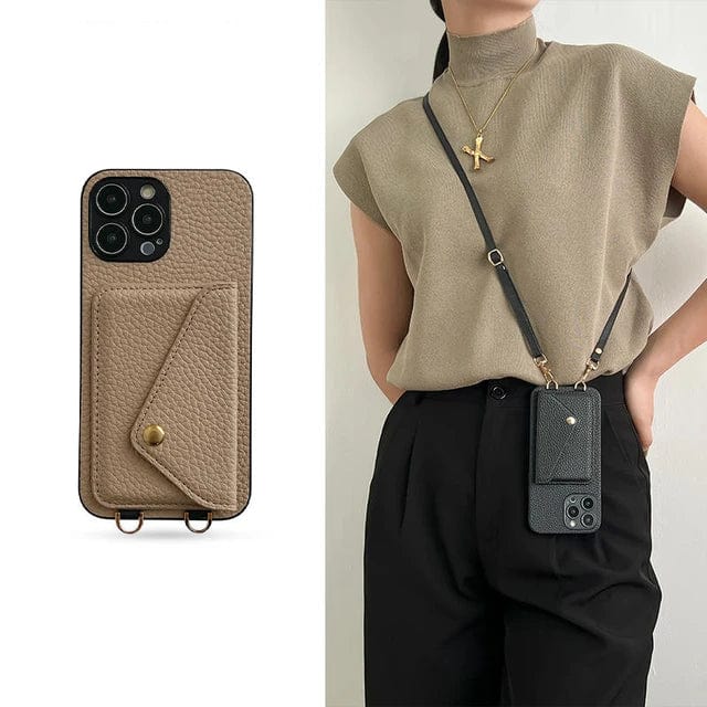 Leren Telefoonhoesje met Ketting en Kaartvak – Stijlvol Crossbody Ontwerp voor iPhone 12 13 14 15 Pro Max Plus