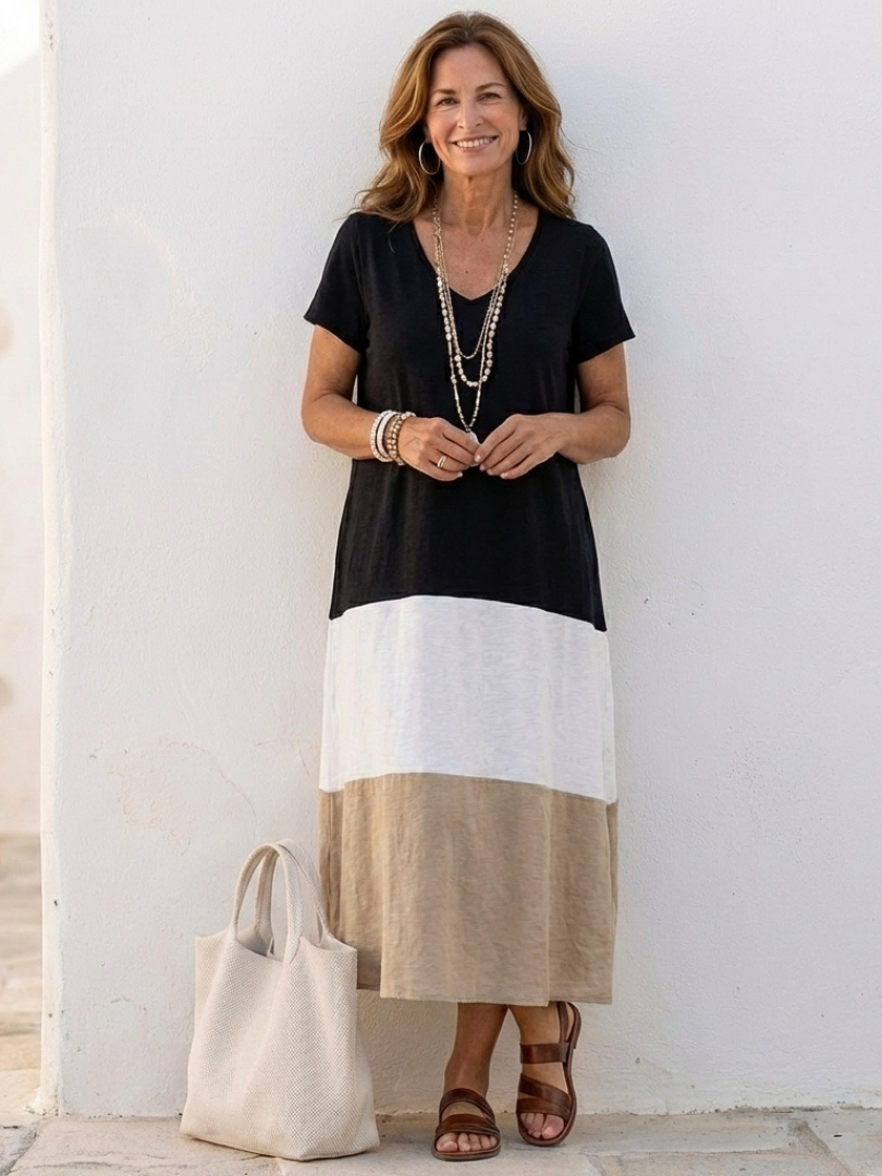 Dames Midi-jurk met V-hals en Kleurblok Print - StudioMarella