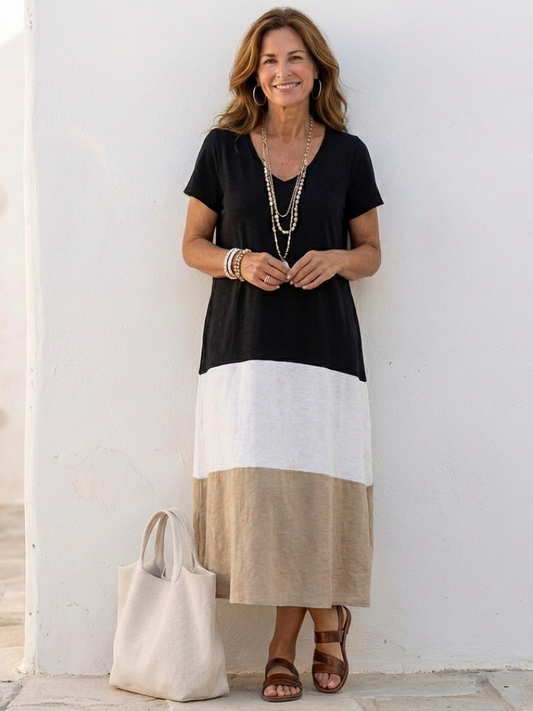 Dames Midi-jurk met V-hals en Kleurblok Print - StudioMarella