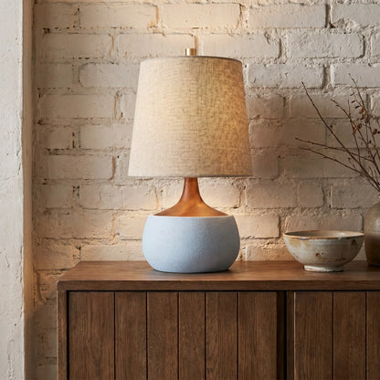 Tafellamp met Houten Voet, Linnen Kap en Cementlook Cilinder – Modern Design