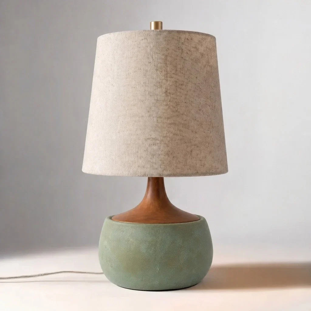 Tafellamp met Houten Voet, Linnen Kap en Cementlook Cilinder – Modern Design