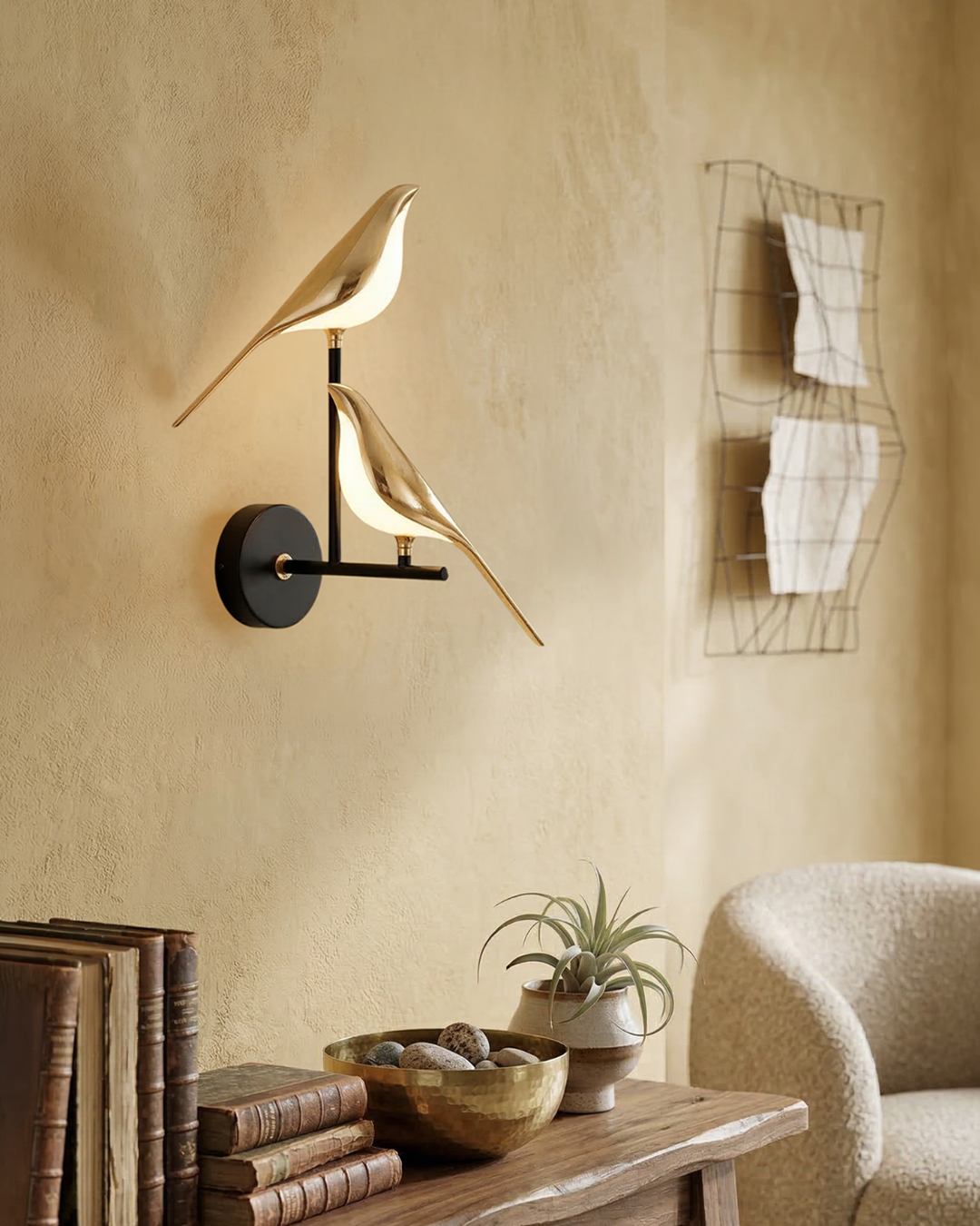 Vogel Wandlamp - Moderne Sculptuurverlichting met Natuurlijke Vormen - Matglas Diffuus Licht - Gouden Afwerking