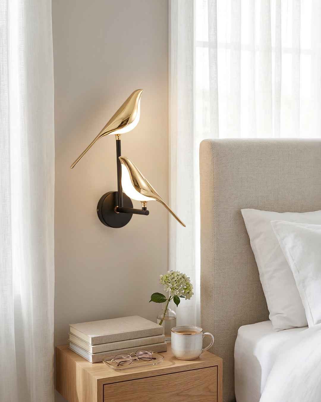 Vogel Wandlamp - Moderne Sculptuurverlichting met Natuurlijke Vormen - Matglas Diffuus Licht - Gouden Afwerking